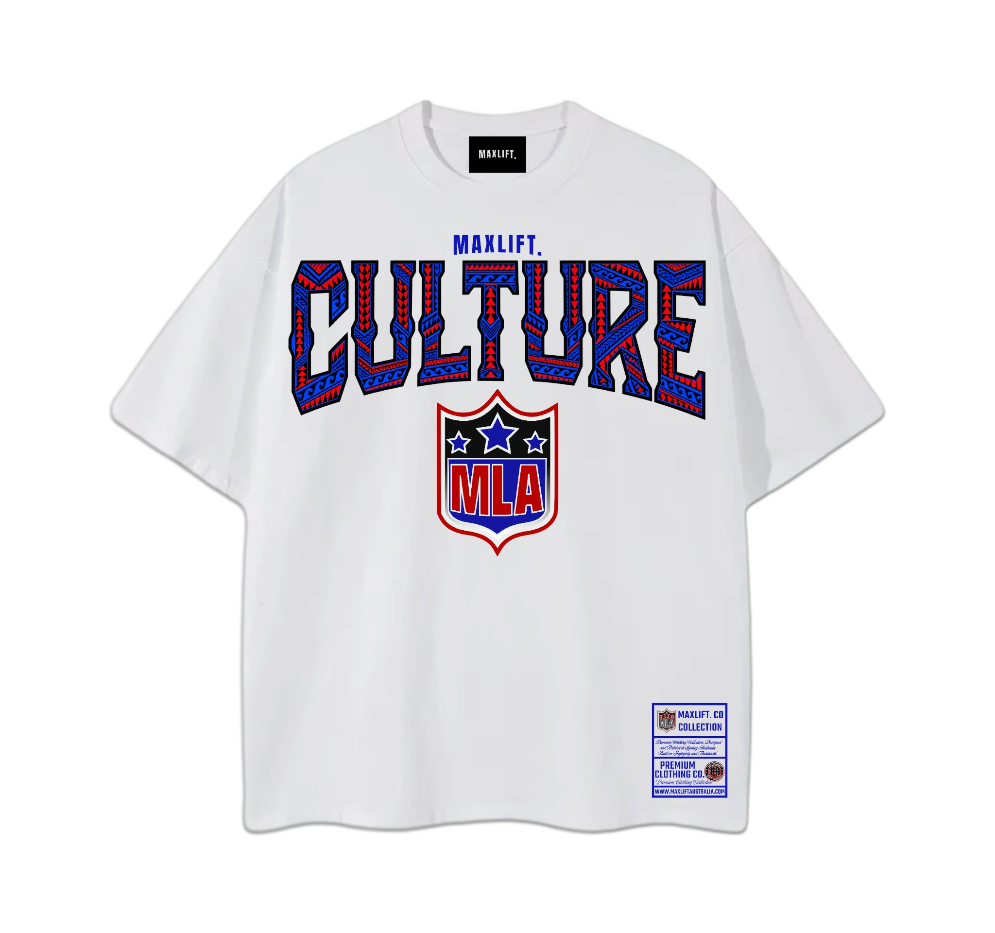 White CULTURE tee with blue and red lettering